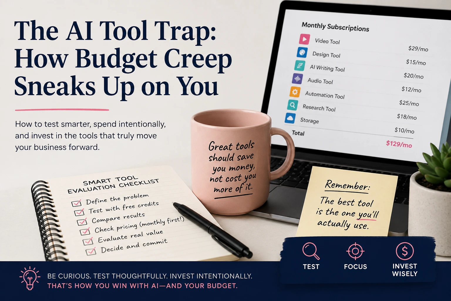 Graphic for The AI Tool Trap showing a laptop with monthly subscriptions, an evaluation checklist, and notes about testing tools before investing
